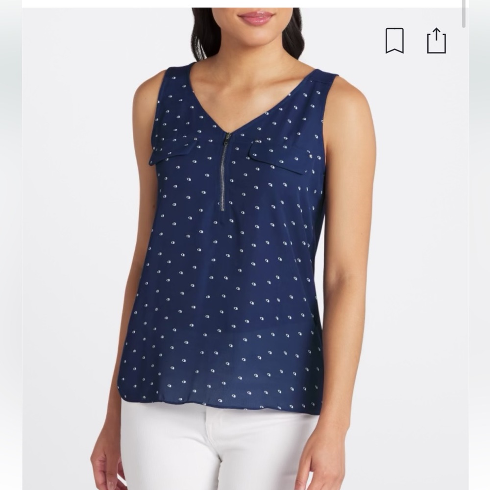 NWT Women’s Dress Blouse Tank Navy Blue Print Size Large